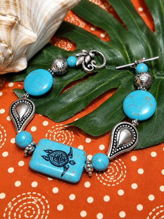 Hand Crafted Jewelry - Artisan Hand Crafted Bracelet Turtle Tribal Art Silver Turquoise Beaded OSFM